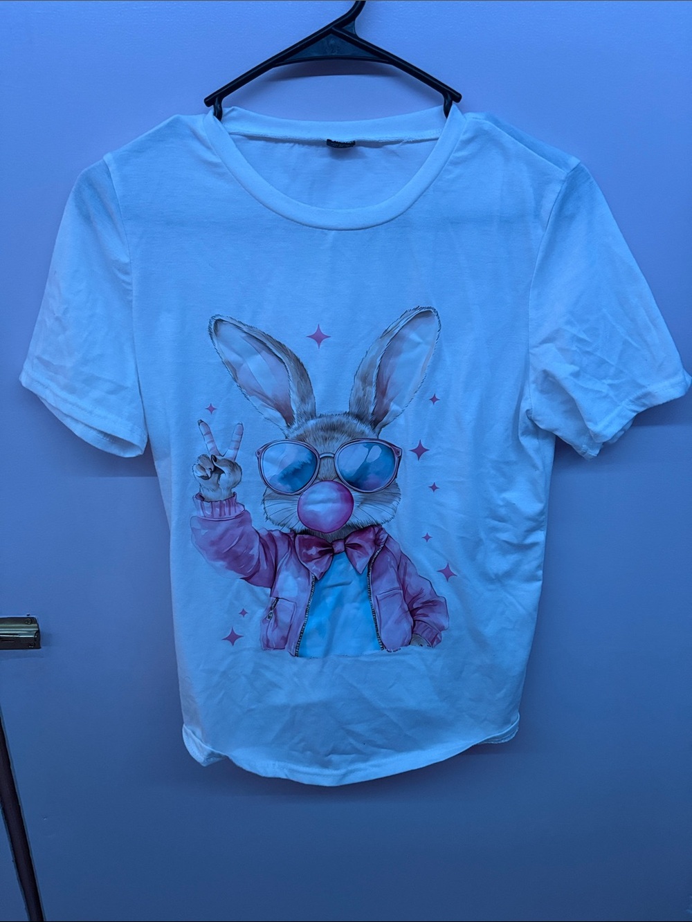 SHEIN White Short Sleeve Tee with Pink Bunny Graphic